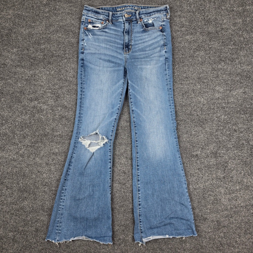American Eagle Super Hi-Rise Flare Jeans Women's 6 Distressed Raw Hem Med Wash